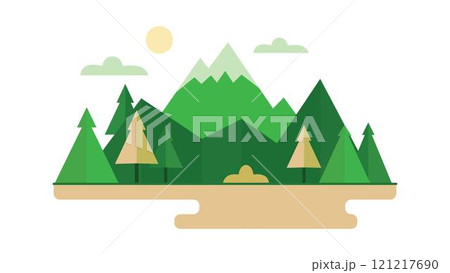 Green Mountain Nature View Landscape with Pine Trees in Forest with Sun in Bright Sky 121217690