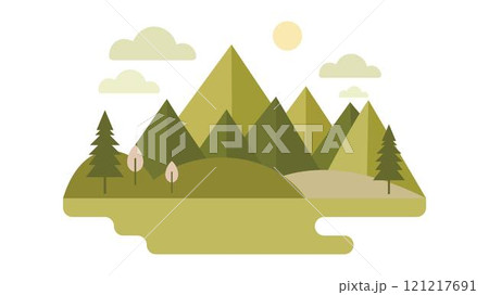 Green Mountain Nature View Landscape with Pine Trees in Forest with Sun in Bright Sky 121217691