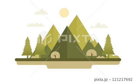 Green Mountain Nature View Landscape with Pine Trees in Forest with Sun in Bright Sky Green Mountain Nature View Landscape with Pine Trees in Forest with Sun in Bright Sky 121217692