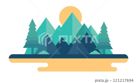 Green Mountain Nature View Landscape with Pine Trees in Forest with Sun in Bright Sky 121217694