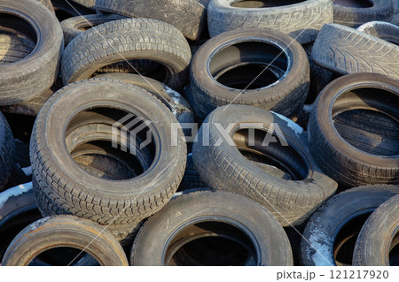 Pile of Used Car Tires in Outdoor Storage Pile of Used Car Tires in Outdoor Storage 121217920