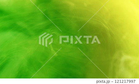Fluid smoke. Paint water. Defocused bright green yellow cloud splash ink mist vortex flow splash moving on abstract art background. 121217997