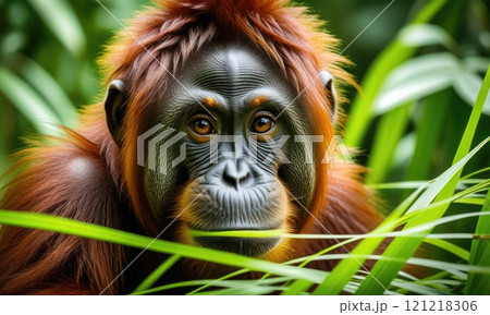 Closeup of an orangutan in lush greenery: captivating gaze and natural habitat 121218306