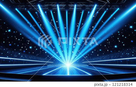 Vibrant blue stage with dynamic spotlights and starry background for events 121218314