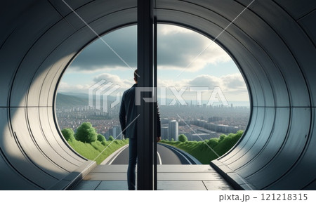 Futuristic tunnel with cityscape view and businessman at horizon 121218315