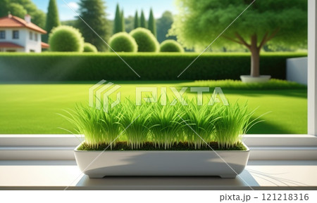 Vibrant green grass growing indoors with scenic garden view through window 121218316