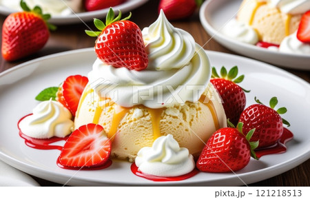 Delicious vanilla ice cream cake with fresh strawberries and whipped cream topping Delicious vanilla ice cream cake with fresh strawberries and whipped cream topping 121218513
