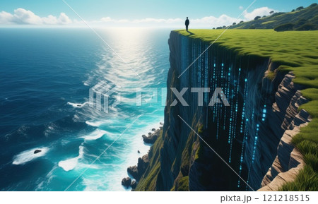 Digital cliff edge: futuristic landscape with man overlooking ocean Digital cliff edge: futuristic landscape with man overlooking ocean 121218515