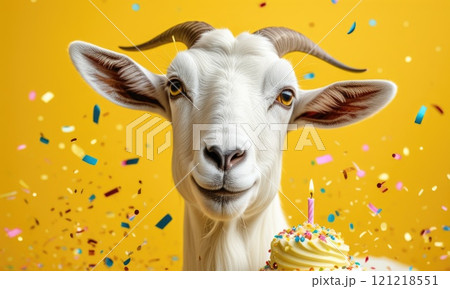 Cheerful goat celebrates with birthday cupcake and confetti 121218551