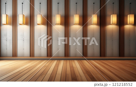 Modern interior lighting design with wooden panels and warm ambiance 121218552