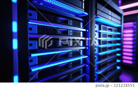 Futuristic data center with glowing blue lights and server racks 121218553
