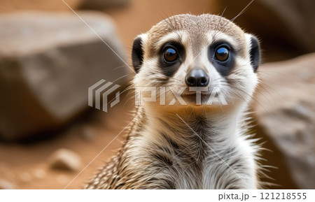 Adorable meerkat staring in desert habitat Adorable meerkat staring in desert habitat 121218555