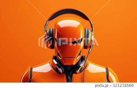 Futuristic orange robot wearing headphones on vibrant background 121218560
