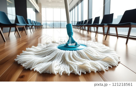 Modern office cleanliness: closeup on mop on hardwood floor in sunlit room 121218561