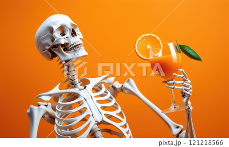 Skeleton enjoying refreshing orange juice with citrus slice on vibrant background Skeleton enjoying refreshing orange juice with citrus slice on vibrant background 121218566