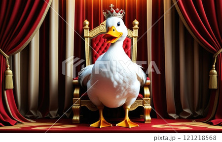 Majestic duck reigns on ornate throne with royal crown in luxurious red drapes Majestic duck reigns on ornate throne with royal crown in luxurious red drapes 121218568