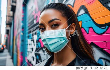 Urban trendsetter in a mask against vibrant graffiti backdrop Urban trendsetter in a mask against vibrant graffiti backdrop 121218576