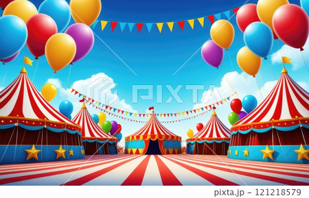 Vibrant circus tents and colorful balloons under a bright blue sky Vibrant circus tents and colorful balloons under a bright blue sky 121218579