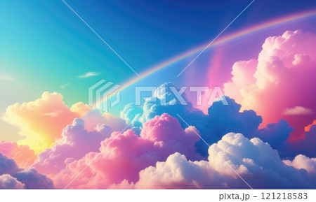 Vivid rainbow above pastel clouds in a dreamy sky at sunset 121218583