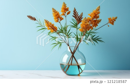 Vibrant orange flowers in clear vase against blue background Vibrant orange flowers in clear vase against blue background 121218587