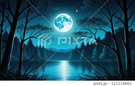 Enchanting full moon over serene lake in mystical forest 121218662