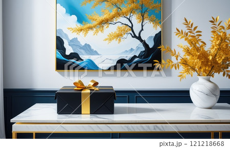 Elegant gift box with golden ribbon in modern artistic interior setting Elegant gift box with golden ribbon in modern artistic interior setting 121218668