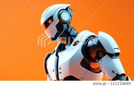 Futuristic white robot against orange backdrop showcasing artificial intelligence Futuristic white robot against orange backdrop showcasing artificial intelligence 121218669