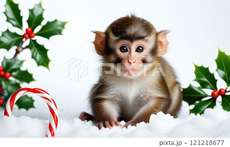 Adorable baby monkey in snow with holly and candy cane for christmas 121218677