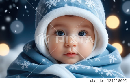 Adorable winter baby wrapped in snowflake patterned blanket with warm hood Adorable winter baby wrapped in snowflake patterned blanket with warm hood 121218695
