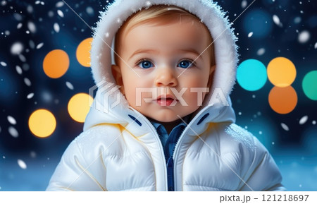 Adorable baby in winter attire with snowflakes and bokeh background 121218697