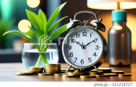 Time and money concept: alarm clock with coins and plant on desk 121218727