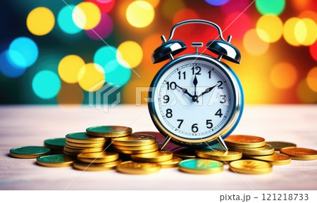 Time and money concept with alarm clock and coins against colorful bokeh background 121218733