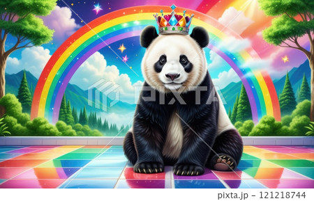 Whimsical panda with crown on rainbow path in fantasy landscape 121218744