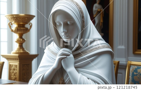 Serene white marble statue of hooded figure praying in elegant setting 121218745