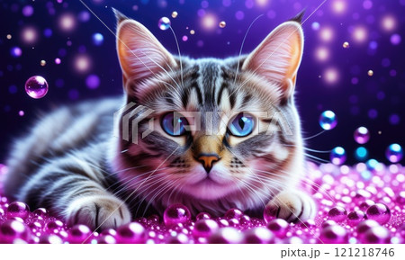 Adorable kitten with blue eyes amidst sparkling bubbles in vibrant colors 121218746