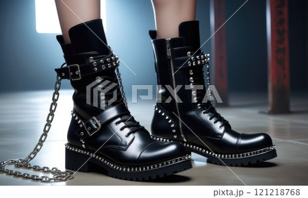 Stylish black leather punk boots with studs and chains in modern setting 121218768