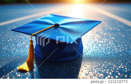 Blue graduation cap with gold tassel on glittering surface at sunrise Blue graduation cap with gold tassel on glittering surface at sunrise 121218773