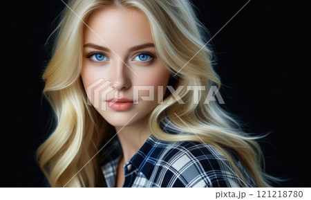 Portrait of a young woman with long blonde hair and blue eyes in a plaid shirt Portrait of a young woman with long blonde hair and blue eyes in a plaid shirt 121218780
