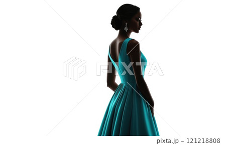 Elegant silhouette: woman in turquoise evening gown on white background 121218808