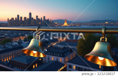 Urban sunset with bells overlooking city skyline Urban sunset with bells overlooking city skyline 121218817