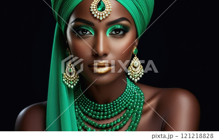 Elegant portrait of a woman in vibrant emerald jewelry and headwrap 121218828
