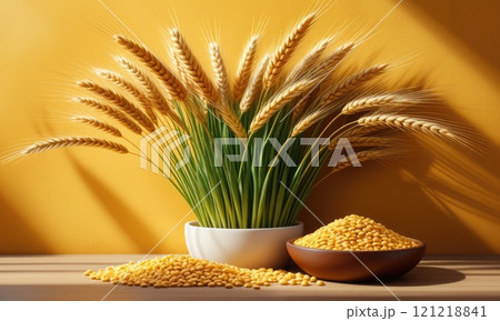 Golden wheat and soybean harvest against vibrant orange backdrop Golden wheat and soybean harvest against vibrant orange backdrop 121218841