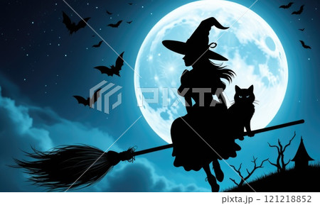 Silhouette of witch on broomstick with cat flying against full moon 121218852