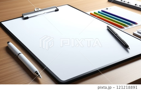 Blank clipboard with pens and pencils on wooden desk for office organization Blank clipboard with pens and pencils on wooden desk for office organization 121218891