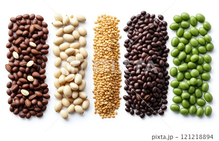 Variety of colorful beans and nuts on white background 121218894