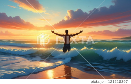 Man embracing sunrise on ocean waves at serene beach Man embracing sunrise on ocean waves at serene beach 121218897
