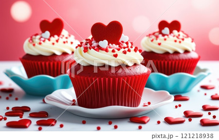 Valentine's day red velvet cupcakes with heart decorations Valentine's day red velvet cupcakes with heart decorations 121218938