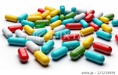Colorful capsules: vibrant assortment of various pills on white background 121218939