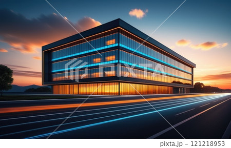 Modern office building illuminated at sunset with light trails on highway Modern office building illuminated at sunset with light trails on highway 121218953