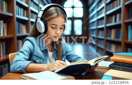 Young woman reading and listening to music in a library for focused studying 121218954